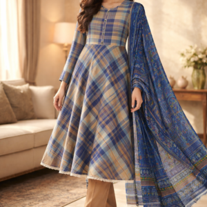 Pashmaal Festive Lawn Frock 3PC – Blue Checkered Print | PFV2-01