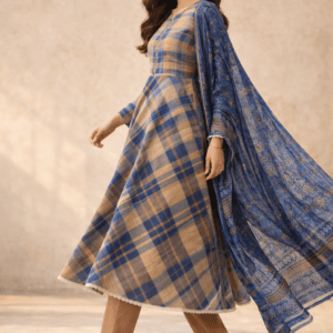 Pashmaal Blue Checkered Festive Lawn Frock 3PC Women Pakistan - View 2