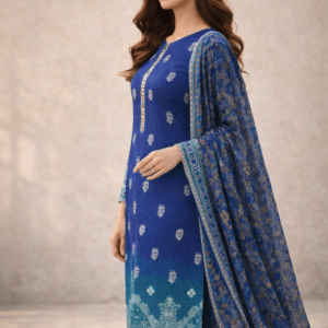 Pashmaal Royal Blue Printed Lawn 3PC Women Festive Suit Pakistan - View 2