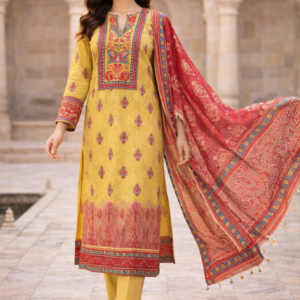 Pashmaal Festive Printed Lawn 3PC – Mustard Yellow with Red Dupatta | PFV2-02