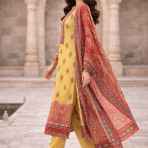 Pashmaal Mustard Yellow Red Dupatta Printed Lawn 3PC Women Pakistan - View 2