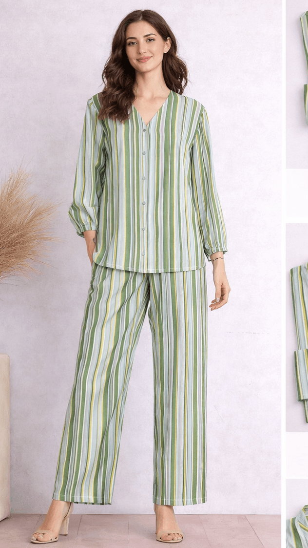Pashmaal Green Stripe Harmony 2PC Women Coord Set Pakistan