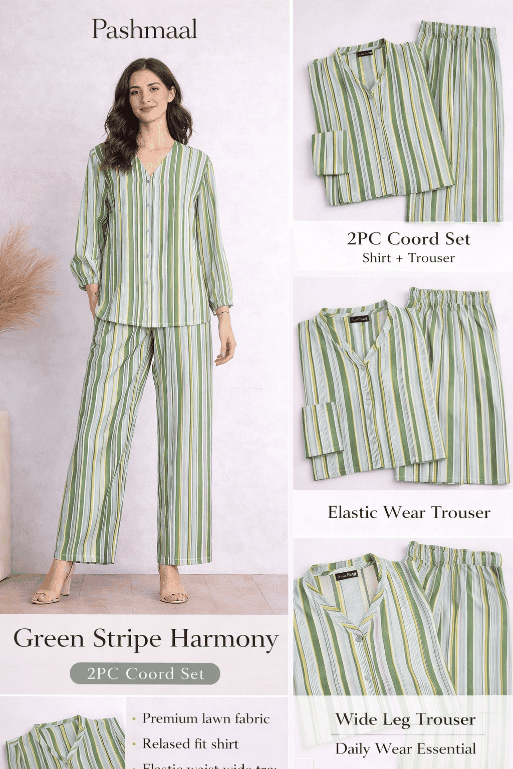 Pashmaal Green Stripe Harmony 2PC Women Coord Set Pakistan - View 2