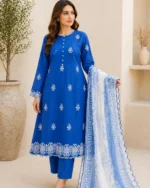 Cobalt blue and white luxury lawn 3PC suit with dupatta, Pashmaal Pakistan