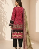 Crimson luxury lawn 3PC suit with garden motifs and dupatta, Pashmaal Pakistan - view 2