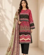 Crimson luxury lawn 3PC suit with garden motifs and dupatta, Pashmaal Pakistan