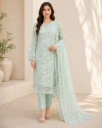 Sage green luxury lawn 3PC suit with dupatta for daywear, Pashmaal Pakistan