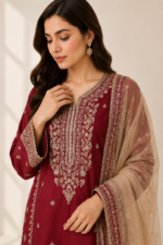Maroon formal 3PC suit with zari work for festive evenings, Pashmaal Pakistan - view 3