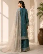 Teal formal 3PC suit with garden motifs for festive occasions, Pashmaal Pakistan - view 2