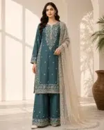 Teal formal 3PC suit with garden motifs for festive occasions, Pashmaal Pakistan