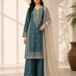 Teal formal 3PC suit with garden motifs for festive occasions, Pashmaal Pakistan