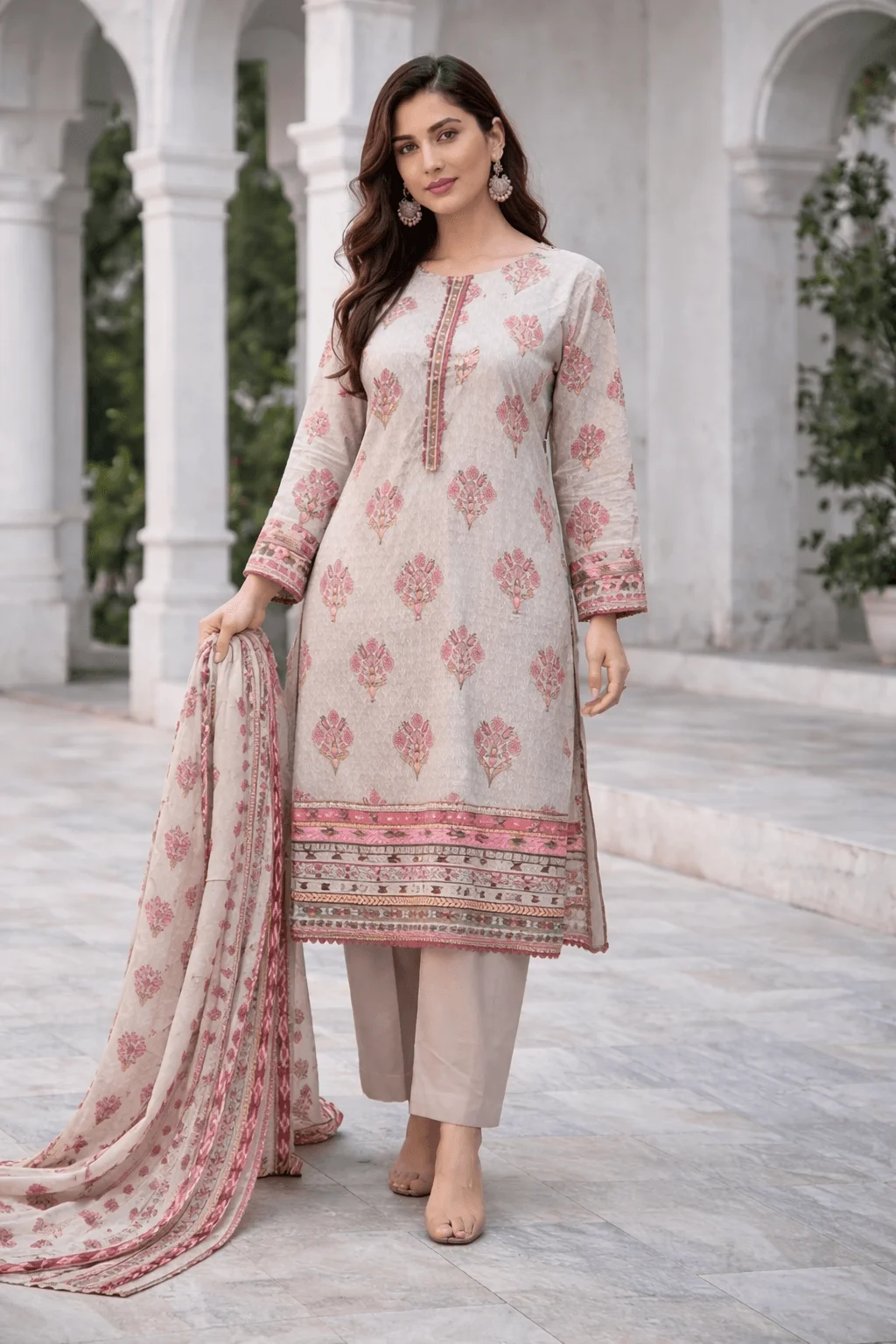 Blush sand printed lawn 3PC suit with dupatta for daywear, Pashmaal Pakistan