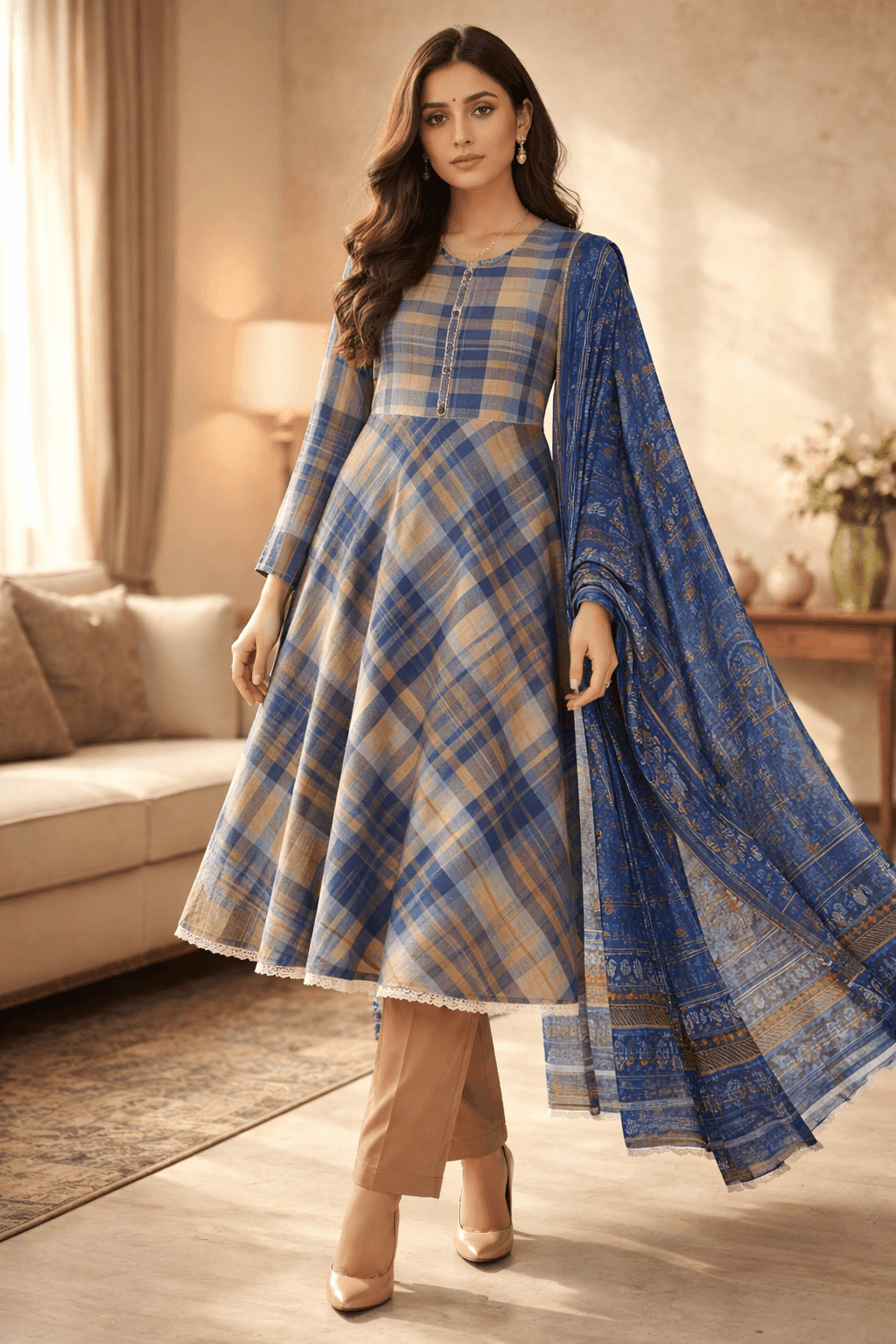 Pashmaal Blue Checkered Festive Lawn Frock 3PC Women Pakistan