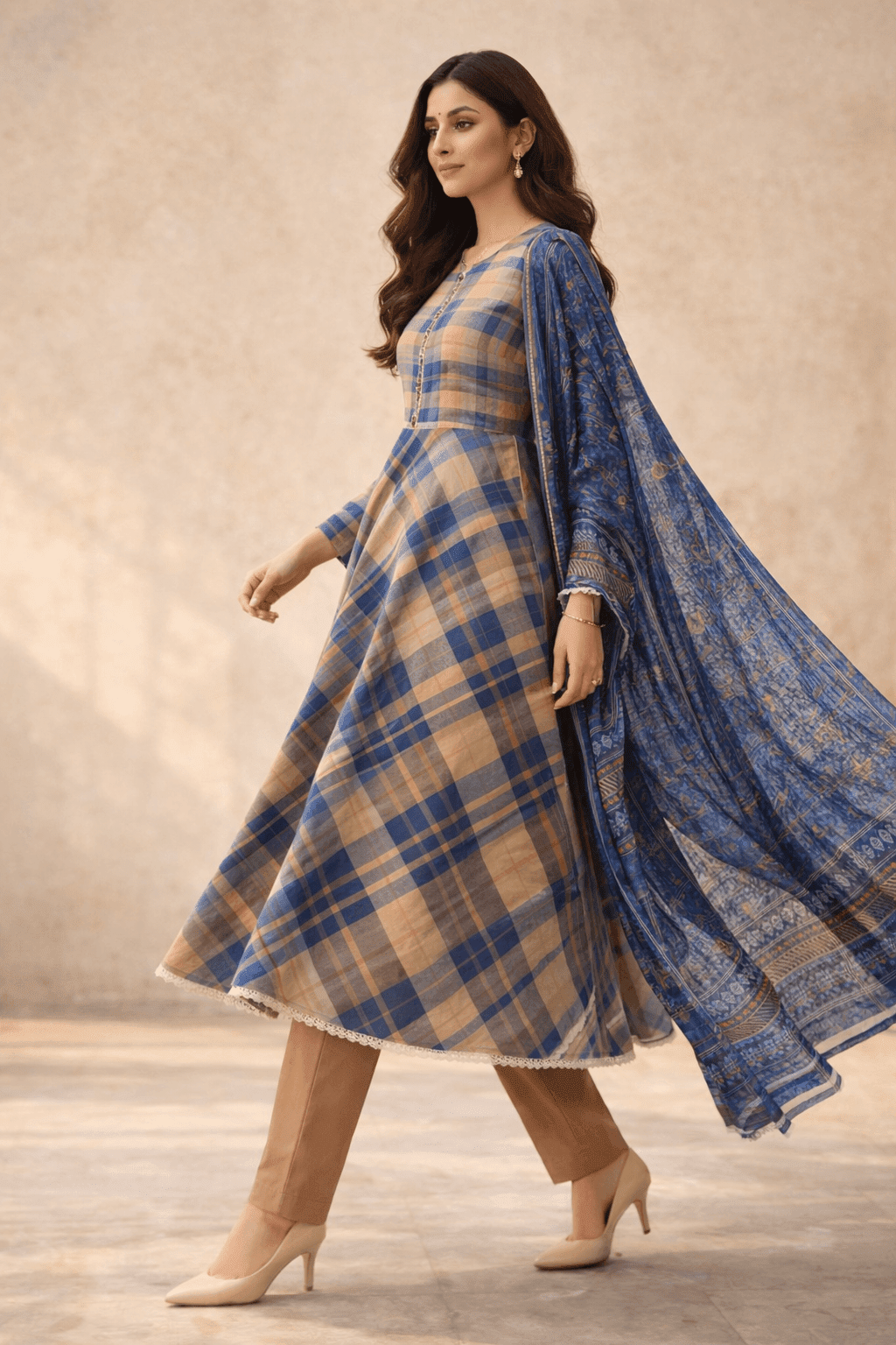 Pashmaal Blue Checkered Festive Lawn Frock 3PC Women Pakistan - View 2