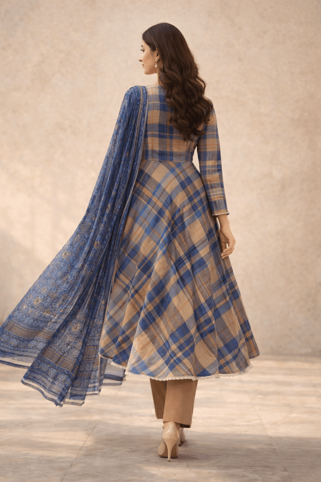 Pashmaal Blue Checkered Festive Lawn Frock 3PC Women Pakistan - View 3