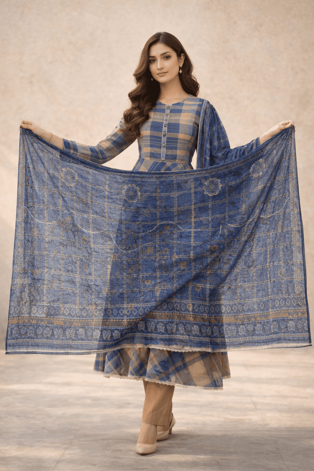 Pashmaal Blue Checkered Festive Lawn Frock 3PC Women Pakistan - View 4