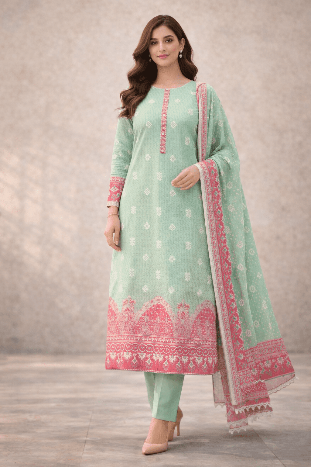 Pashmaal Mint Green Printed Lawn 3PC Women Festive Suit Pakistan