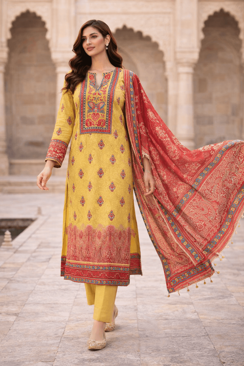 Pashmaal Mustard Yellow Red Dupatta Printed Lawn 3PC Women Pakistan