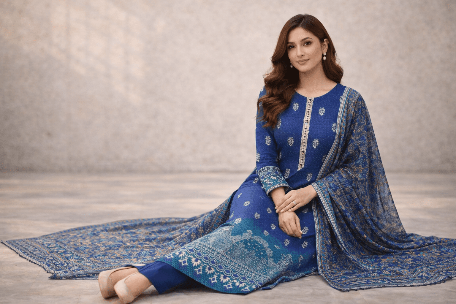 Pashmaal Royal Blue Printed Lawn 3PC Women Festive Suit Pakistan - View 3