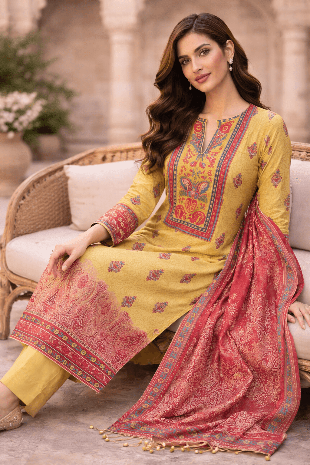 Pashmaal Mustard Yellow Red Dupatta Printed Lawn 3PC Women Pakistan - View 4