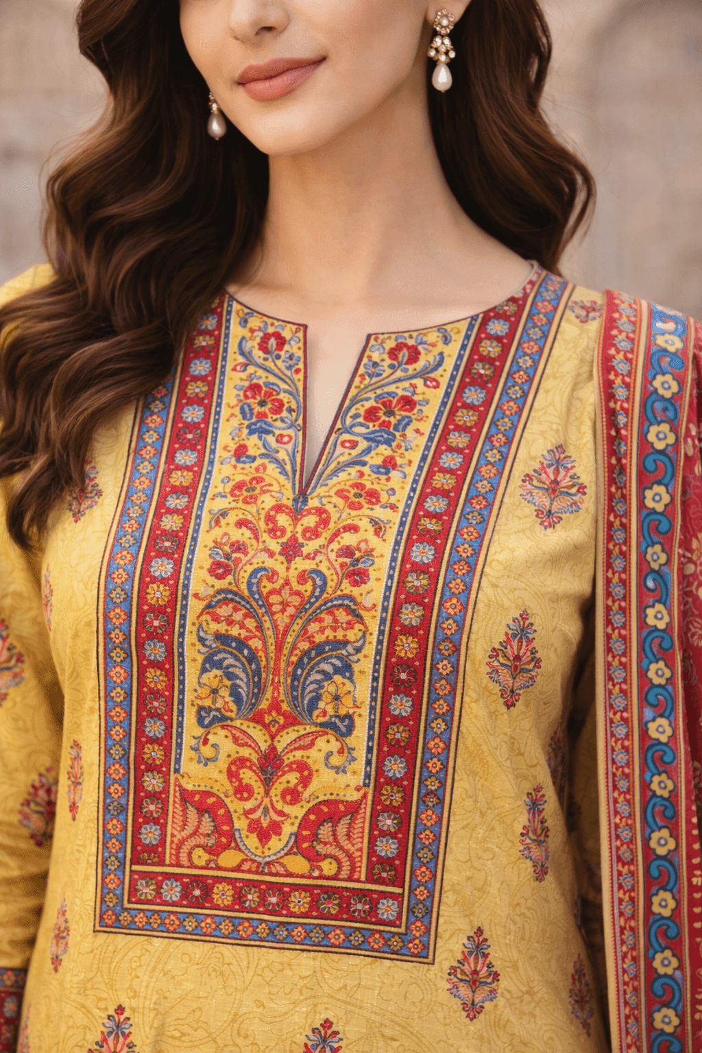 Pashmaal Mustard Yellow Red Dupatta Printed Lawn 3PC Women Pakistan - View 6