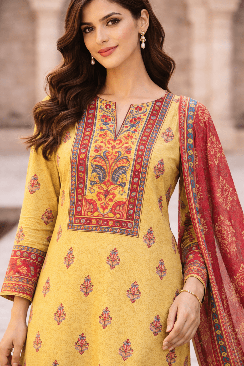 Pashmaal Mustard Yellow Red Dupatta Printed Lawn 3PC Women Pakistan - View 5
