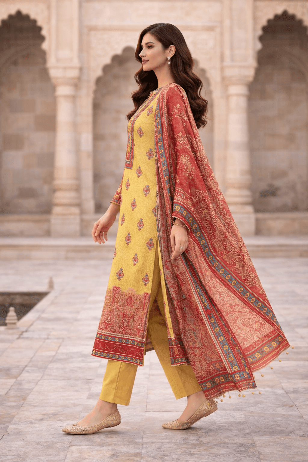 Pashmaal Mustard Yellow Red Dupatta Printed Lawn 3PC Women Pakistan - View 2
