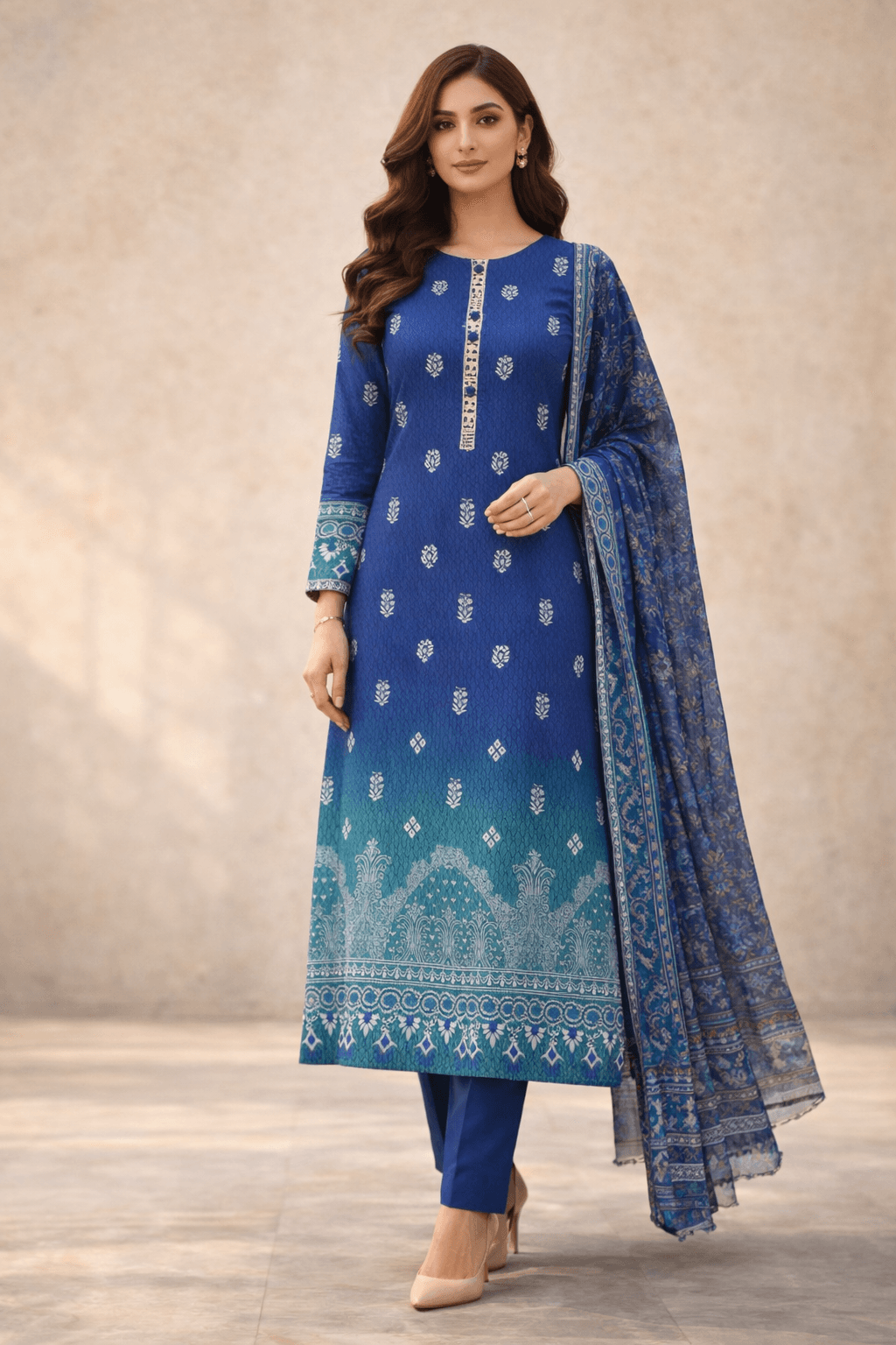 Pashmaal Royal Blue Printed Lawn 3PC Women Festive Suit Pakistan