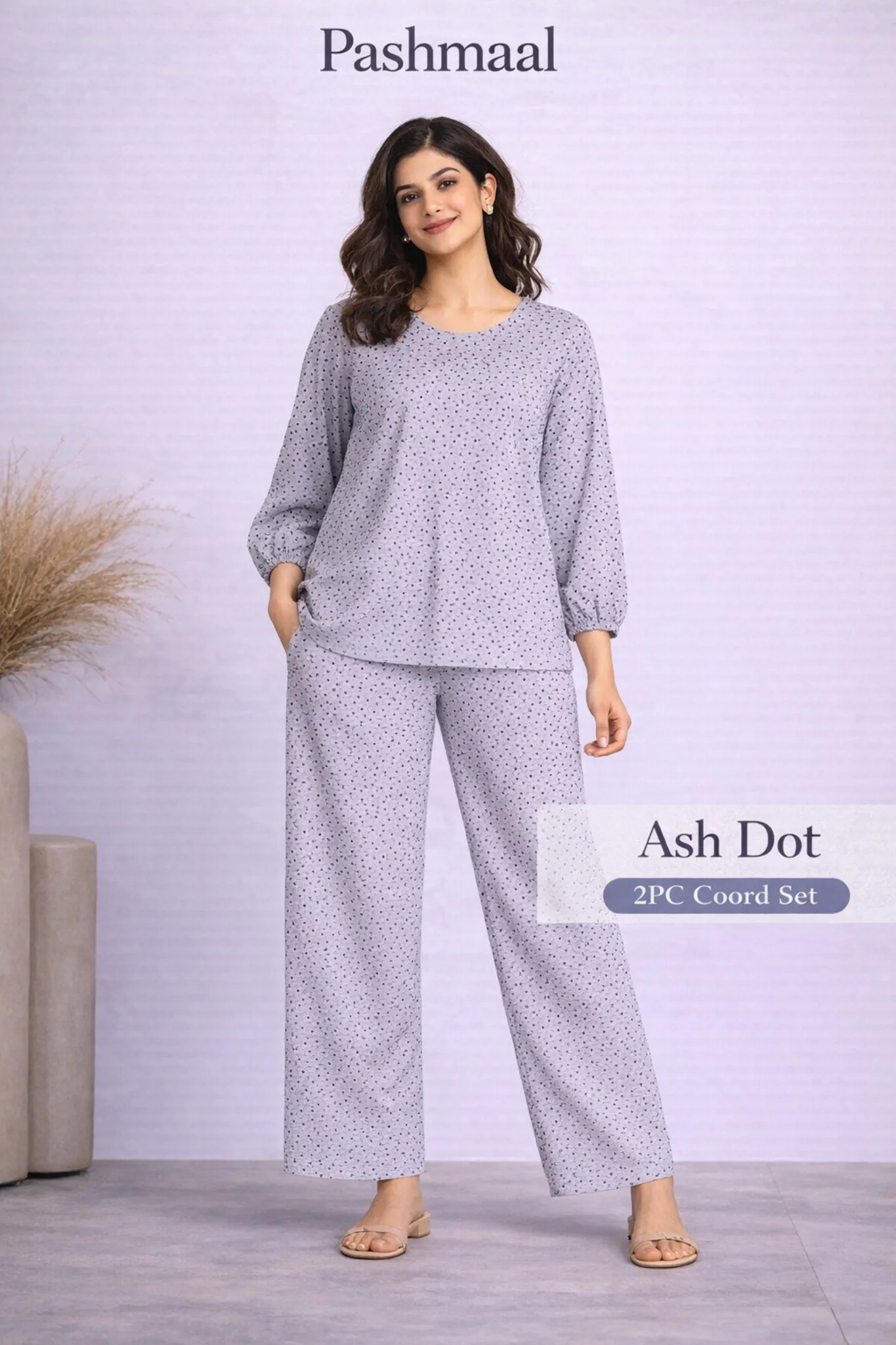 Ash Dot coord set in soft neutrals 1 Pashmaal Ash Dot 2PC Coord Set