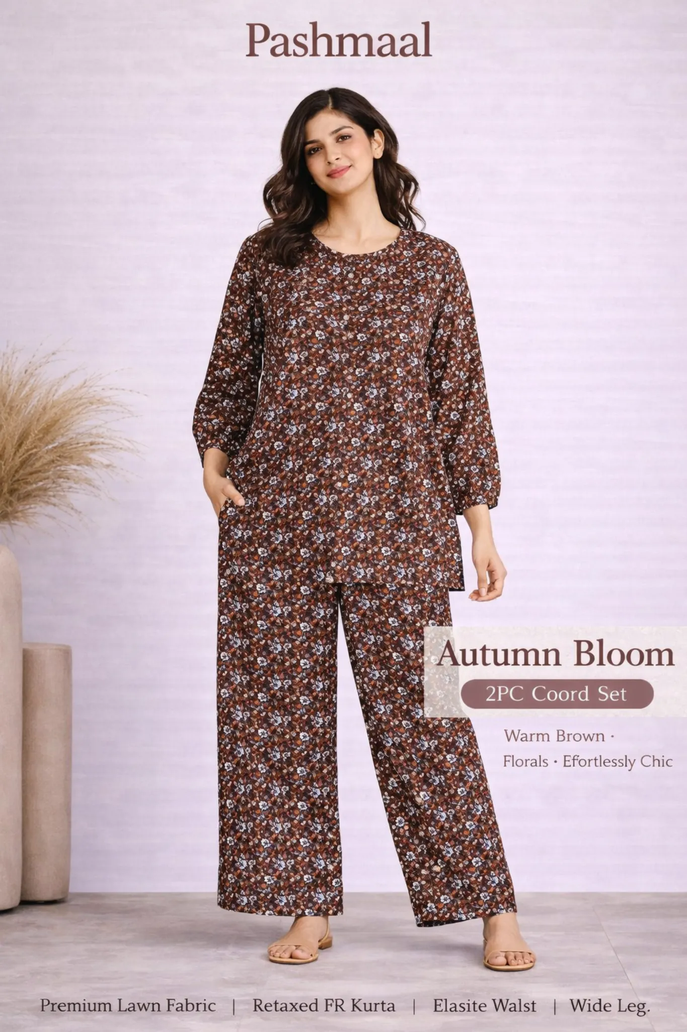 Rust printed lawn 2PC coord set with autumn floral motifs, Pashmaal Pakistan