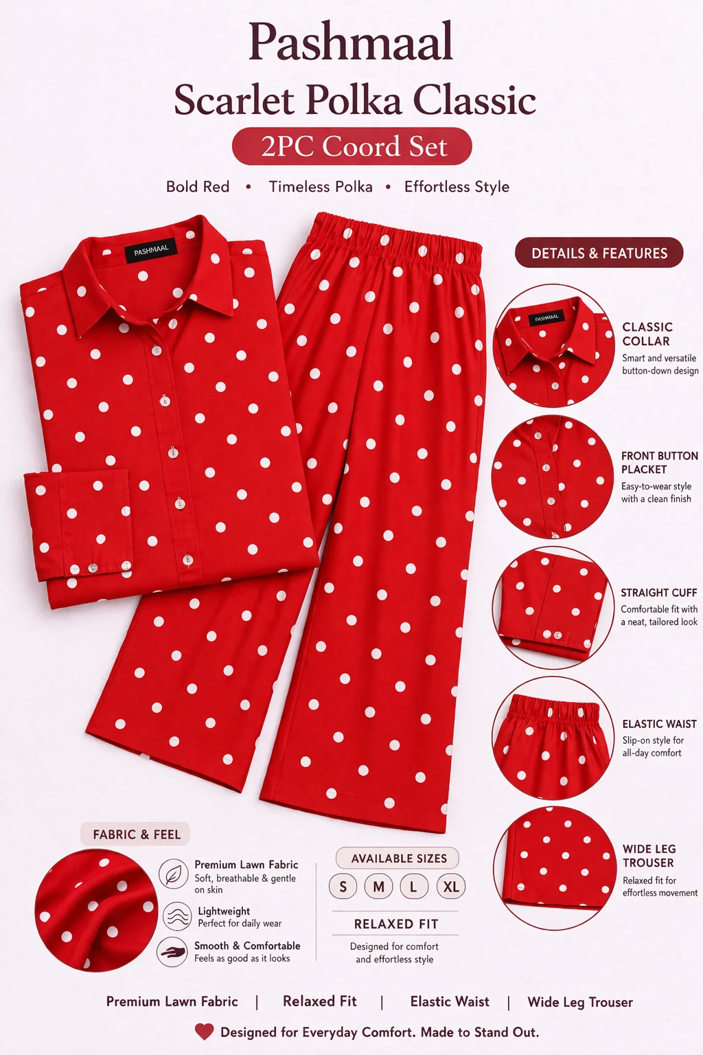 Scarlet red lawn 2PC coord set with polka dot print for daywear, Pashmaal Pakistan - view 2
