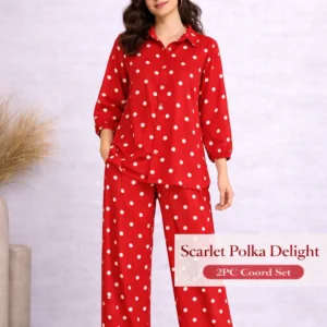 Scarlet red lawn 2PC coord set with polka dot print for daywear, Pashmaal Pakistan