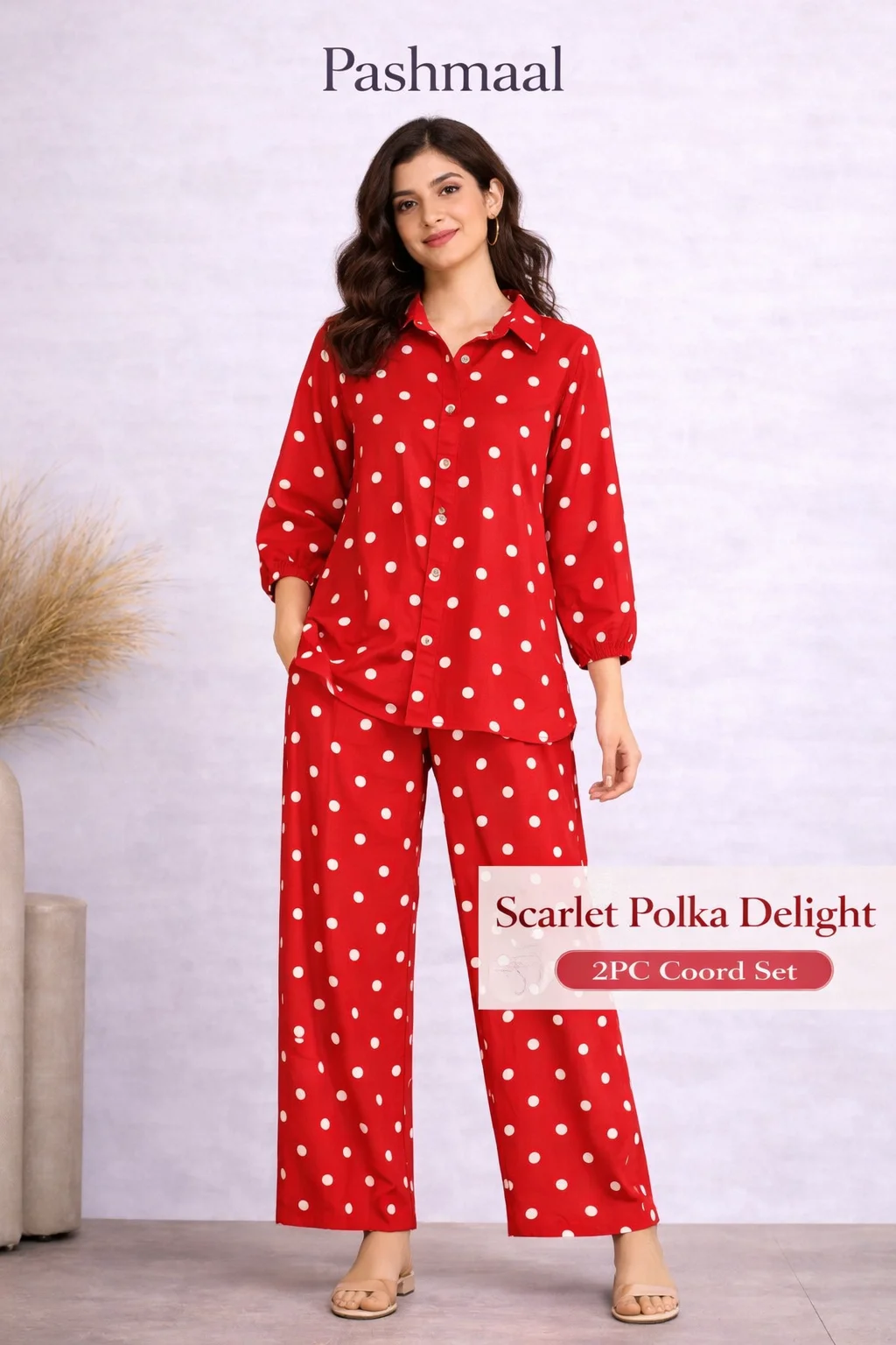 Scarlet red lawn 2PC coord set with polka dot print for daywear, Pashmaal Pakistan