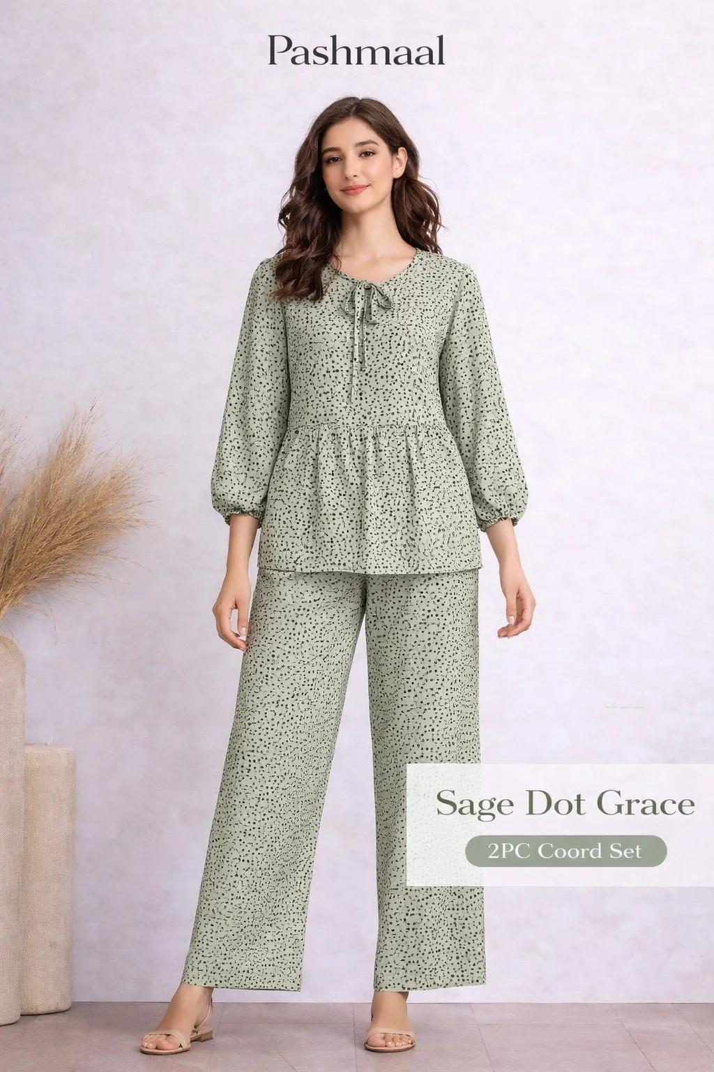 Sage green lawn 2PC coord set with dot print for daily wear, Pashmaal Pakistan