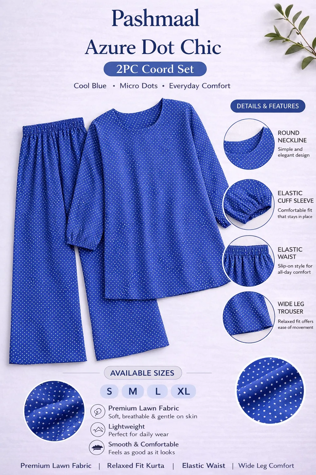 Azure blue lawn 2PC coord set with dot print for casual wear, Pashmaal Pakistan - view 2