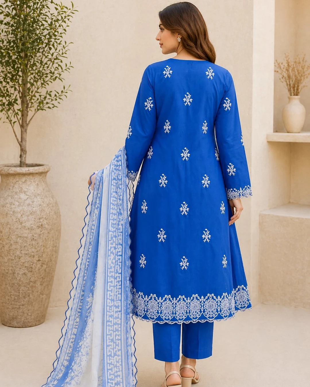 Cobalt blue and white luxury lawn 3PC suit with dupatta, Pashmaal Pakistan - view 2