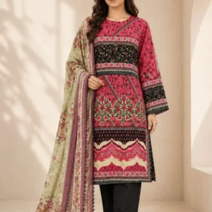 Crimson luxury lawn 3PC suit with garden motifs and dupatta, Pashmaal Pakistan