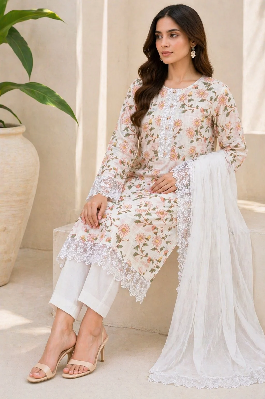 Floral patterned outfit with lace details.