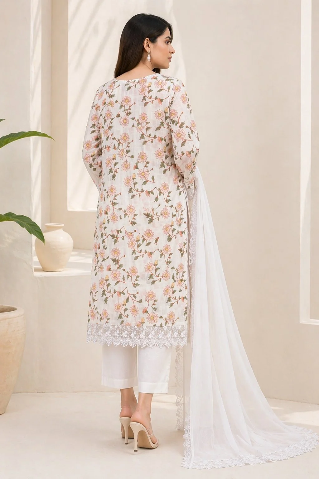 White floral lawn 3PC suit with daisy print and dupatta, Pashmaal Pakistan - view 2
