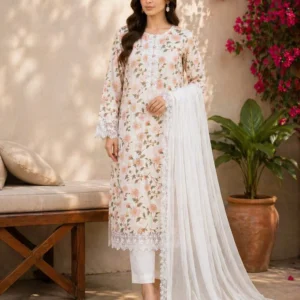White floral lawn 3PC suit with daisy print and dupatta, Pashmaal Pakistan