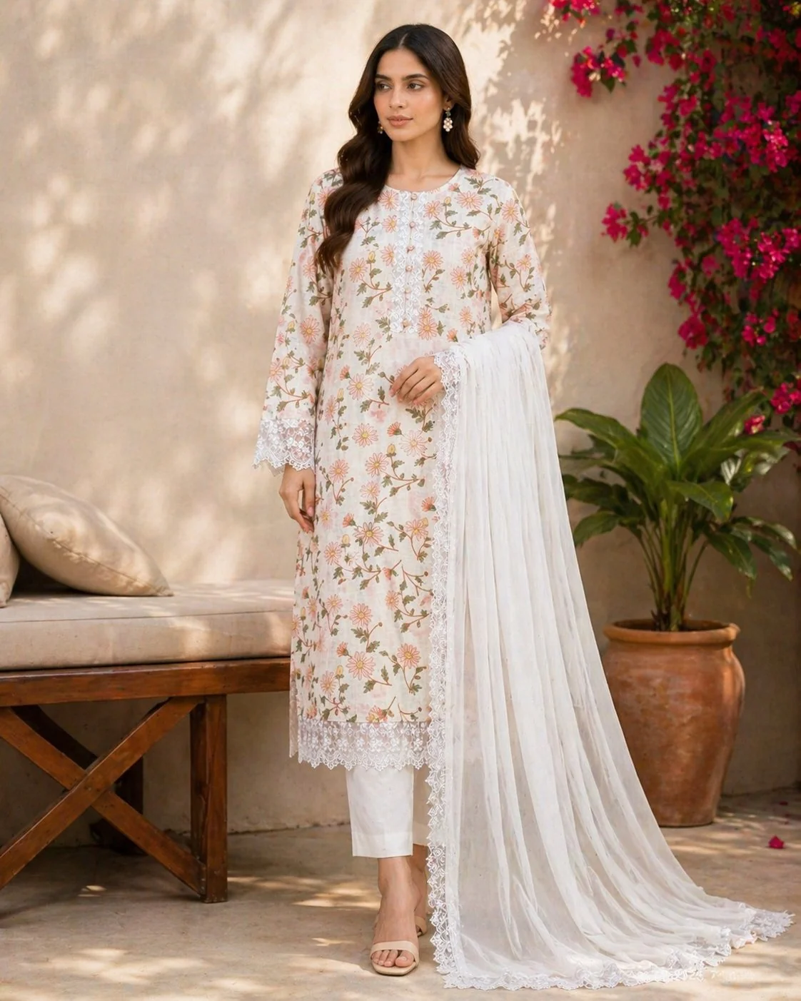 Floral dress with white dupatta.