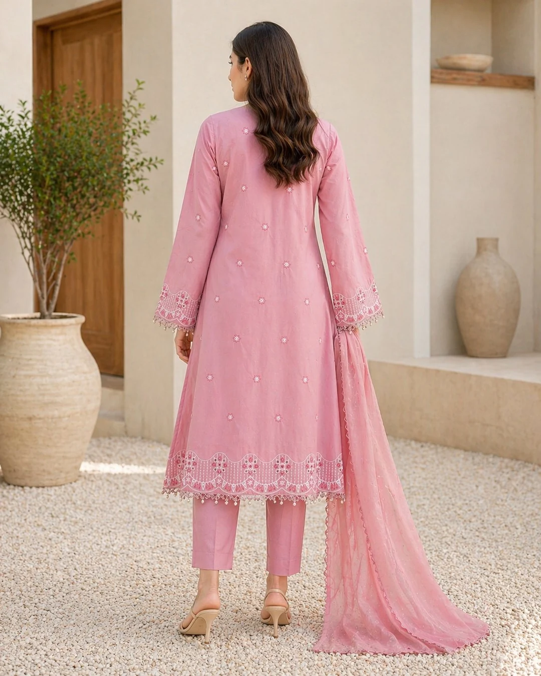 Rose pink luxury lawn 3PC suit with petal motifs for daywear, Pashmaal Pakistan - view 2