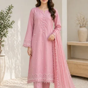 Rose pink luxury lawn 3PC suit with petal motifs for daywear, Pashmaal Pakistan