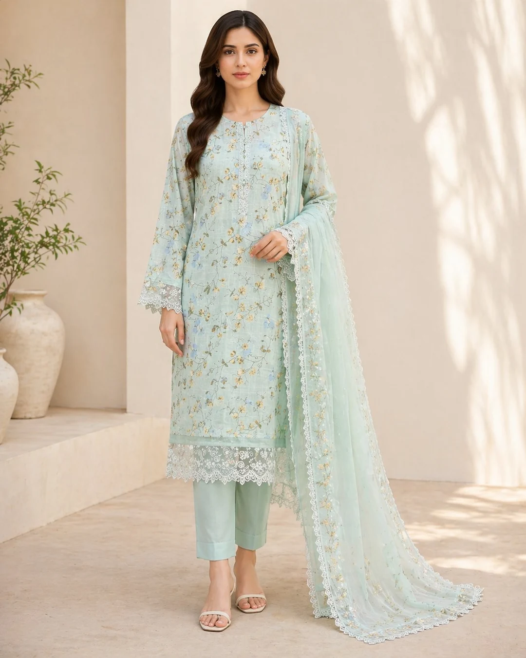 Sage green luxury lawn 3PC suit with dupatta for daywear, Pashmaal Pakistan
