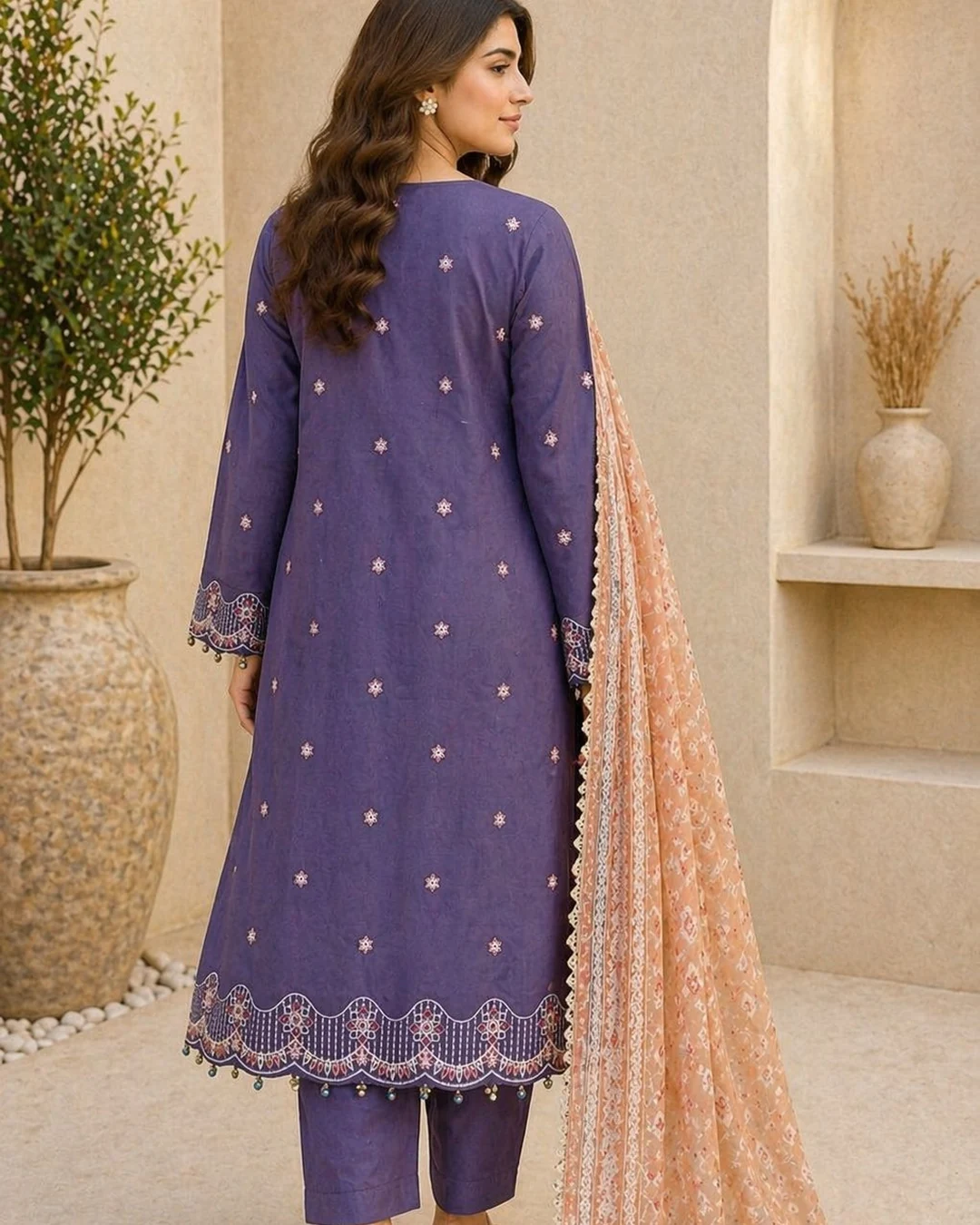 Woman in elegant purple ethnic outfit.