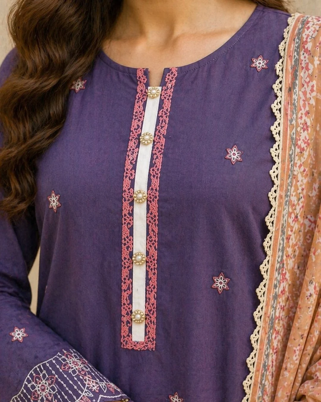 Elegant purple outfit with floral embroidery