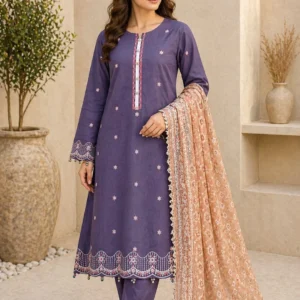 Violet embroidered lawn 3PC suit with decorative buttons for semi-formal wear, Pashmaal Pakistan