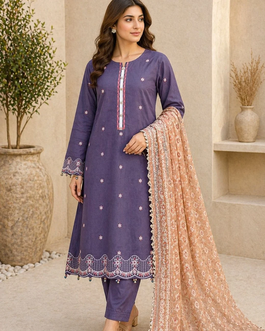 Purple embroidered outfit with decorative buttons.
