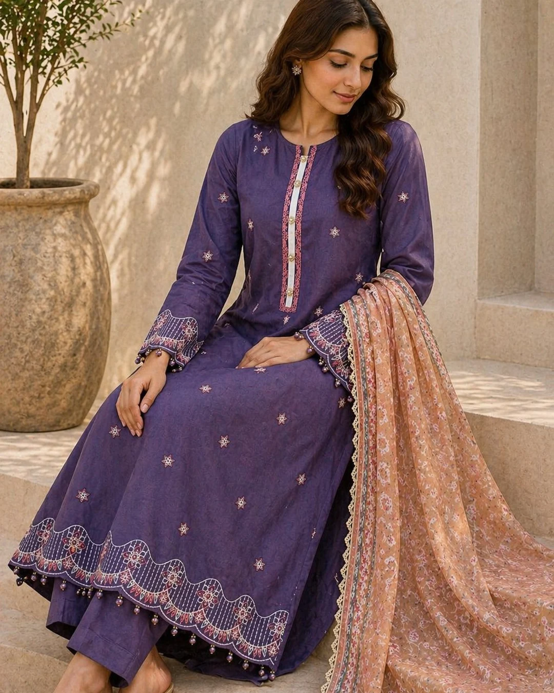Elegant purple lawn suit with dupatta